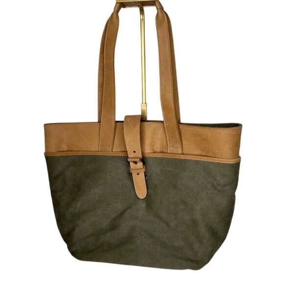 L.L. Bean Vintage Canvas & Leather Tote Bag Army Green Unisex Casual - Picture 1 of 16
